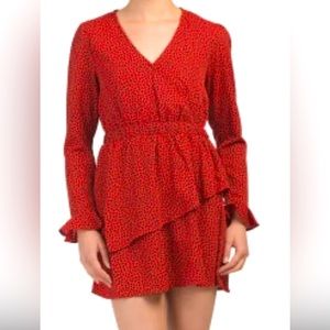 Japna Red Black dot Mini dress long sleeve V neck ruffles size M